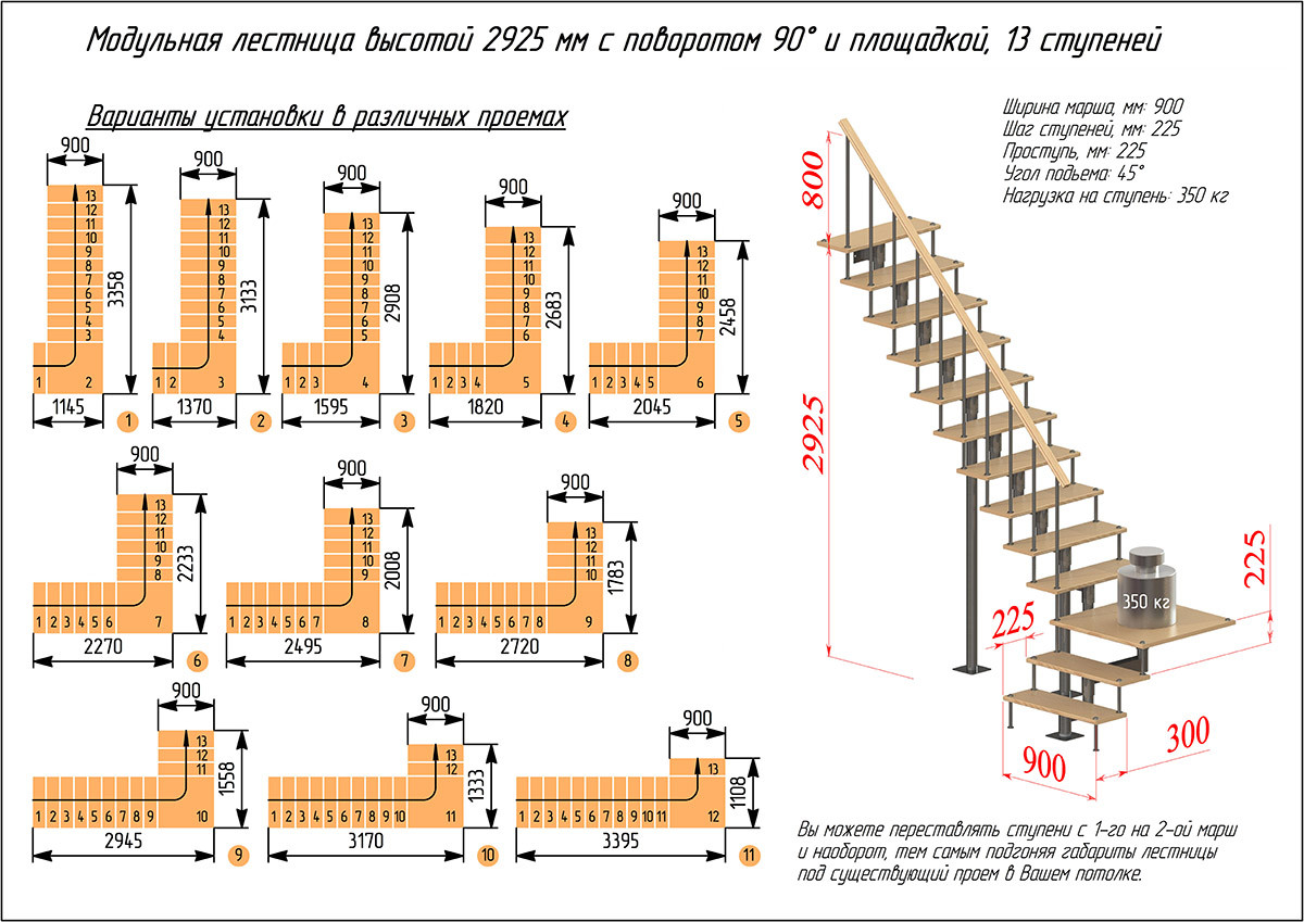 Модульная лестница высота 2925 мм (с поворотом 90° и площадкой) высота ступени 225 мм Модульная лестница высота 2925 мм (с поворотом 90° и площадкой) высота ступени 225 мм
